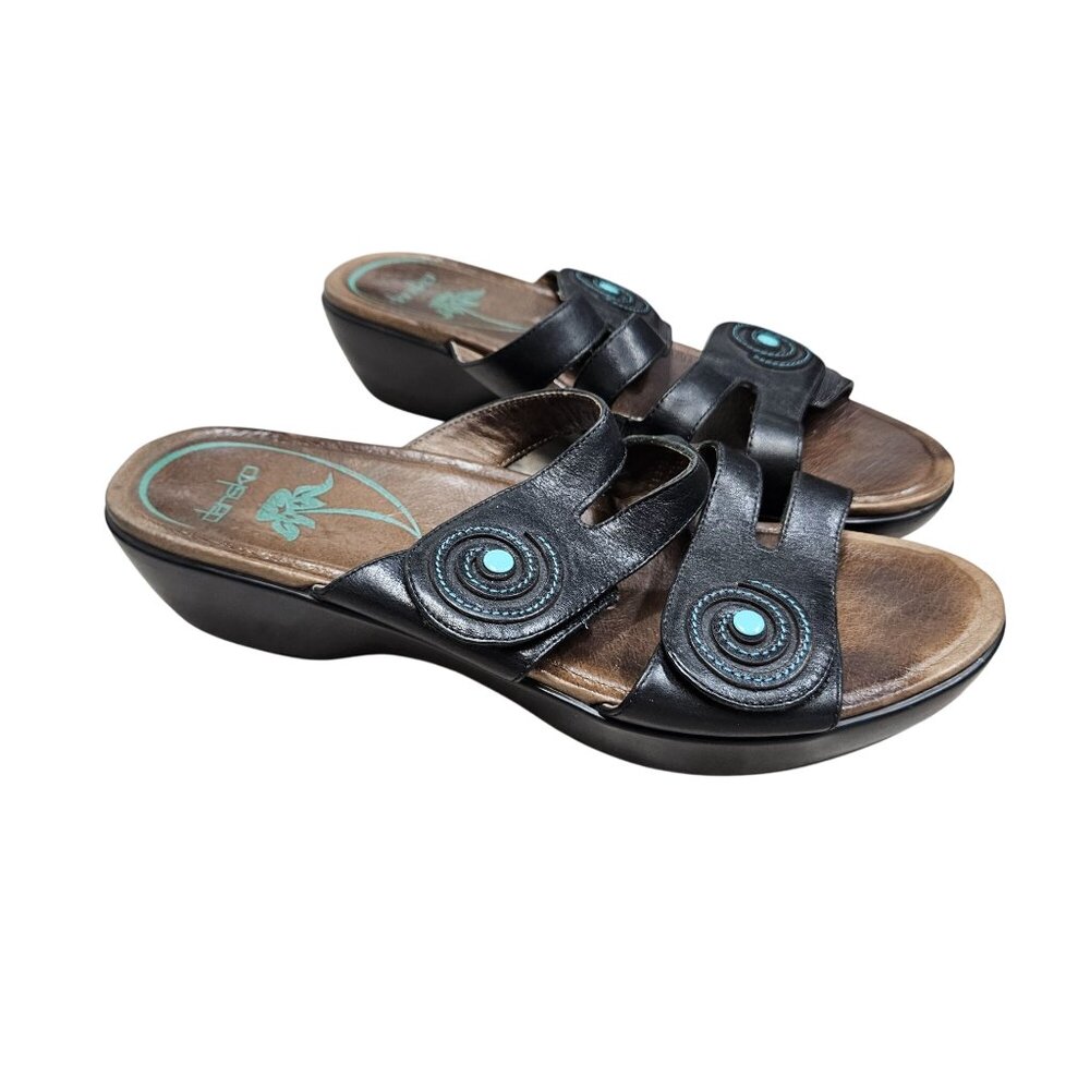 Dansko Womens Leather Platform Sandals Size 40‎ Hook Loop Straps Black Turquoise